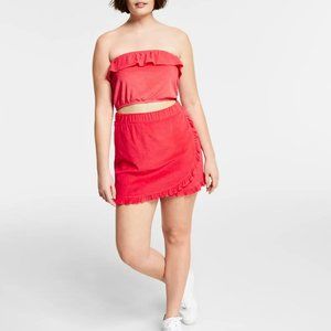 Bar III Women's Terry Cloth Skirt and Ruffled Tube Top Set, Watermelon Punch